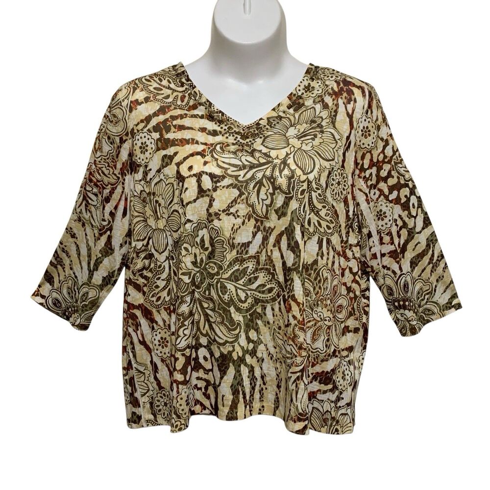 Alfred Dunner Top Womens Size 2X Beige Brown 3/4 Sleeve V-Neck Bead Embellished